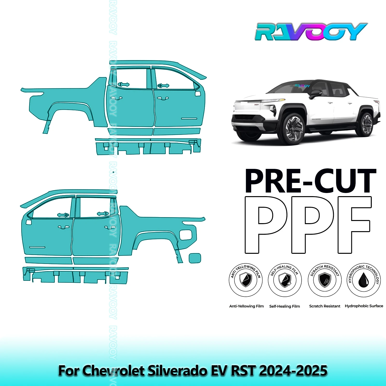 

For Chevrolet Silverado EV RST 2024-2025 8.5mil Clear Matte Pre-Cut PPF Door & A/B Pillar Kit TPU Paint Protection Film Set