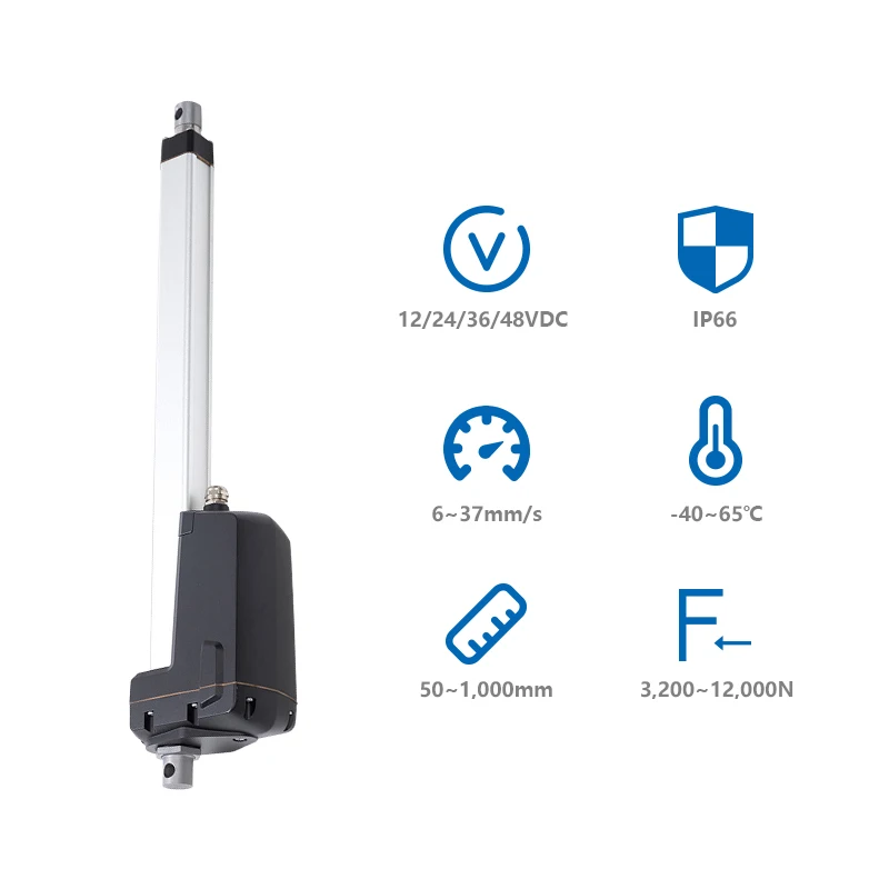 

Большой линейный привод PrimoPal 6 ~ 37 мм/с Ip66 1000 кг 12000N 800 мм 1000 мм 12 В сверхмощный электрический линейный привод