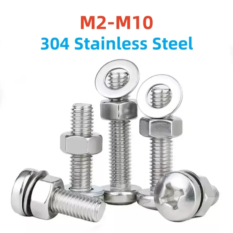 

M2 M10 304 Steel Cross Round Head Screws Full Thread Combination Bolts With Gasket And Nut