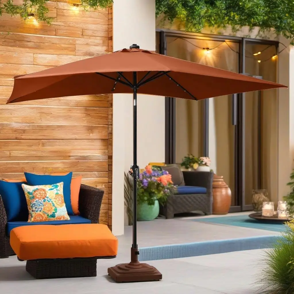 Terracotta Garden Parasol with Lights &  Pole - 6.6'x9.8' Outdoor Umbrella