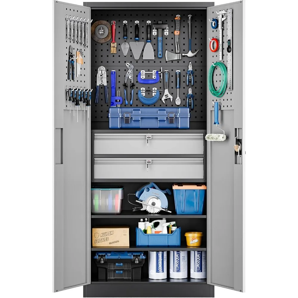 

Metal Garage Storage Cabinet with Locking Doors and 2 Drawers, Heavy Duty Steel Tool Cabinet with Pegboard, 71" - Lockable