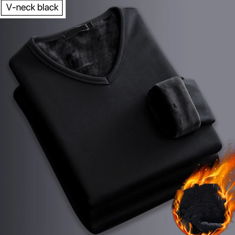 1 Uds. Camisetas cálidas de terciopelo grueso para hombre, ropa interior térmica de manga larga de invierno para hombre, camiseta de moda con cuello en V para hombre, M-4XL