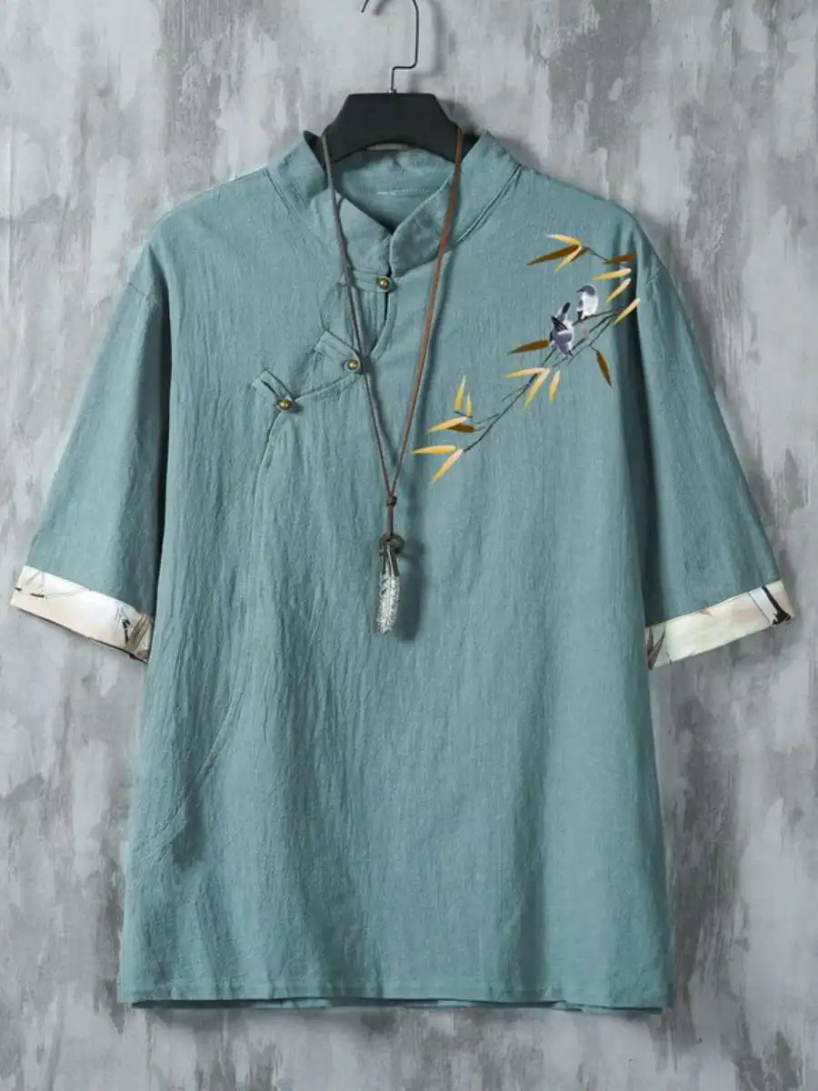 

New Men's Shirt Five-Quarter Sleeve Printed Stand Collar Tang Costume Style Spring 2025 Loose Fit Fleece Lined Travel Wear