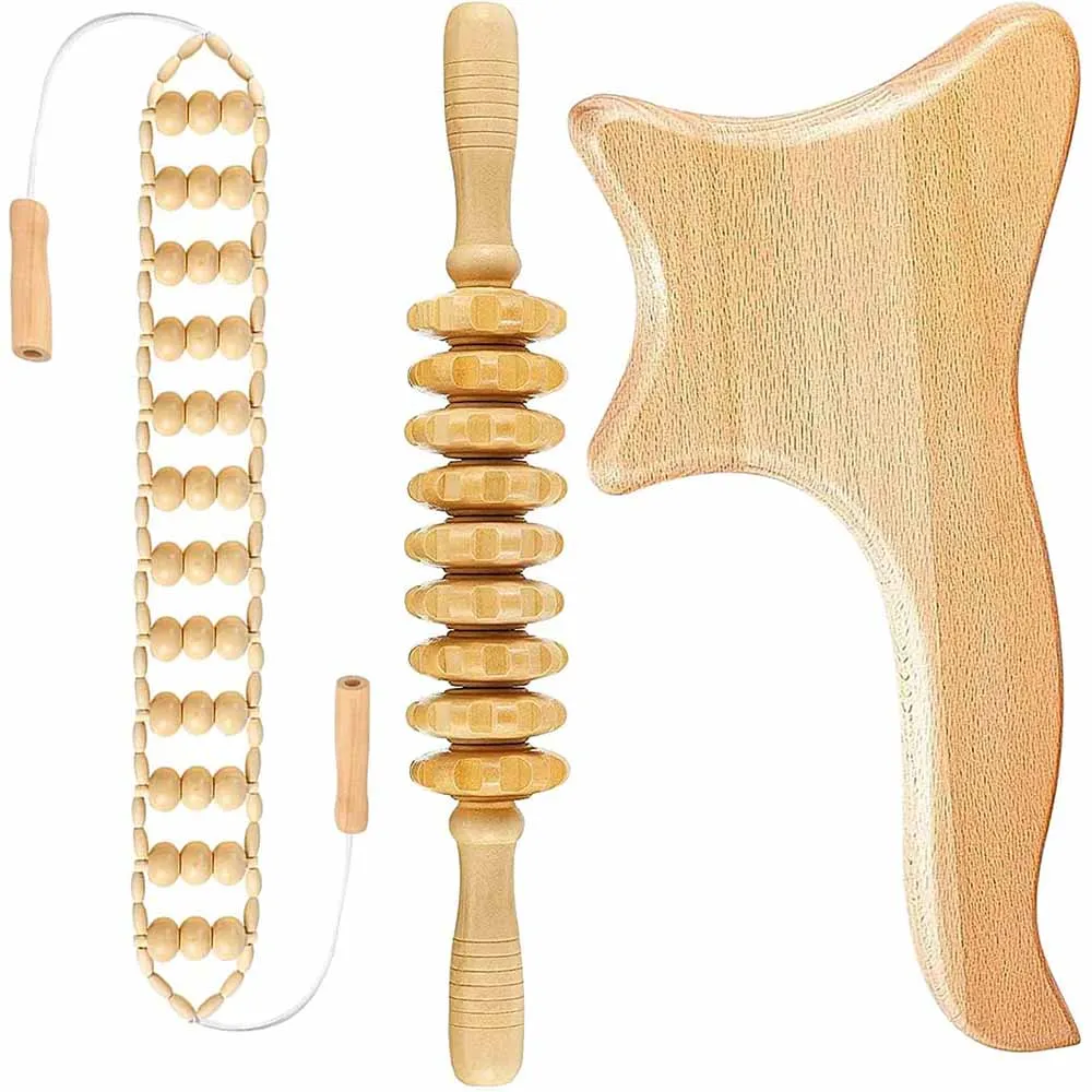 Wooden Massage Roller Stick Wood Gua Sha Board & Massage Roller Rope Wood Therapy Tools for Anti-Cellulite Lymphatic Drainage