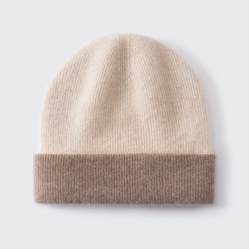 KOIJINSKY 100% Pure Cashmere Beanie Hat Women Two Tone Ribbed Fold Cuff Beige Brown Warm Winter Knit Cap