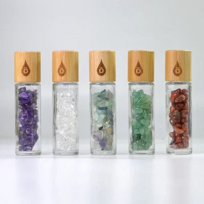 

fashion Glass Gems Quartz Crystal Stone doterra Essential Oil Massage Roller bottles Roll On Perfume bottle bamboo cap Jade ball