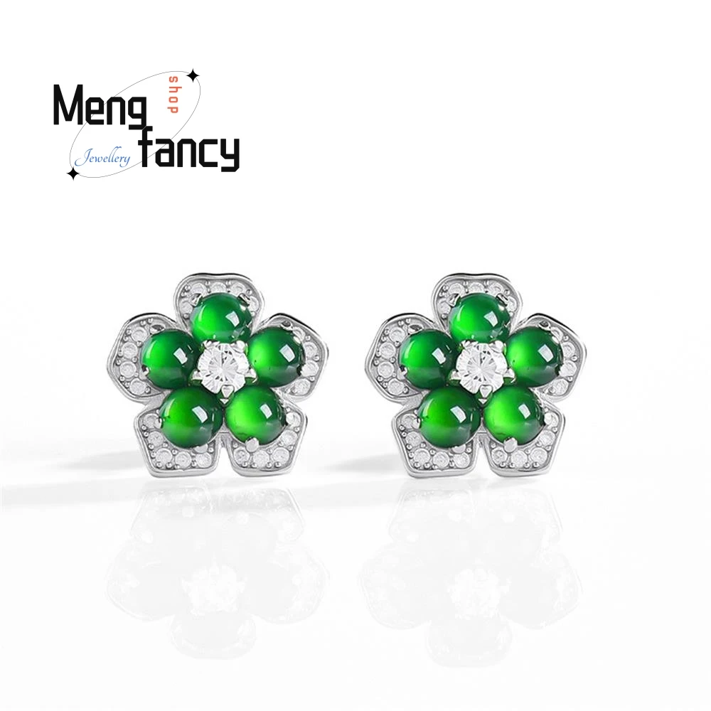 

High-end Natural A-grade Jadeite Yanggreen Petal S925 Silver Inlaid Jade Ear Studs Sexy Young Girls Charm Luxury Fashion Jewelry