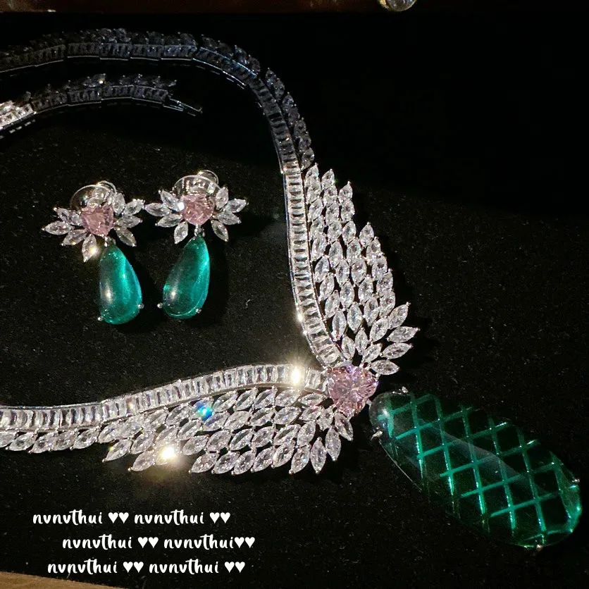 Fashion S925 Silver Heart Zirconia Wedding Necklaces Earrings for Women Romantic Bridal Accessories Personality Jewelry Sets