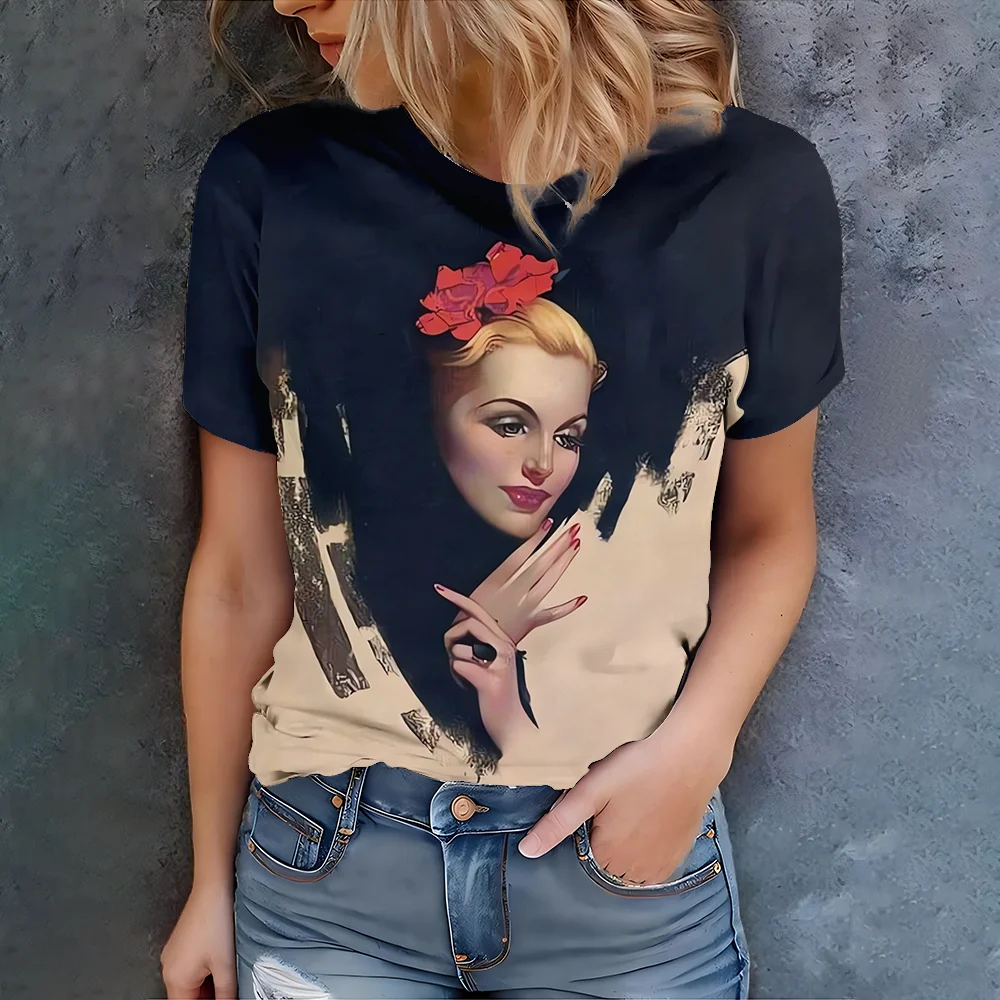 

Women's Black And Red Retro Women's Printed T-shirt - Art Retro Style Casual Summer Design Round Neck Short Sleeve