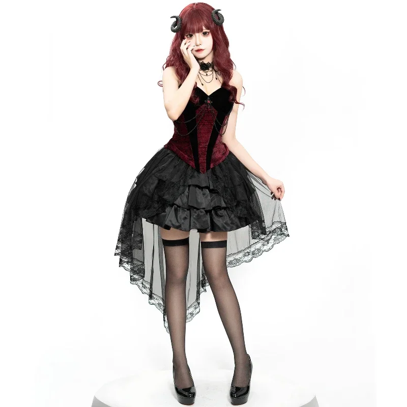 Halloween Woman Cosplay Dark Gothic Witch Demon Vampire Ghost Bride Tuxedo Suspender Skirt Horror Zombie Death Black Skirt 2025