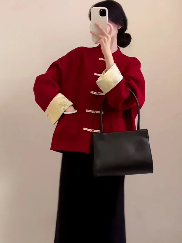 

plus Size Women's Slimming Age-Defng Meat-Covering New Chinese Sle Woolen Coat Top f-Skirt Set Autumn Winter Faion