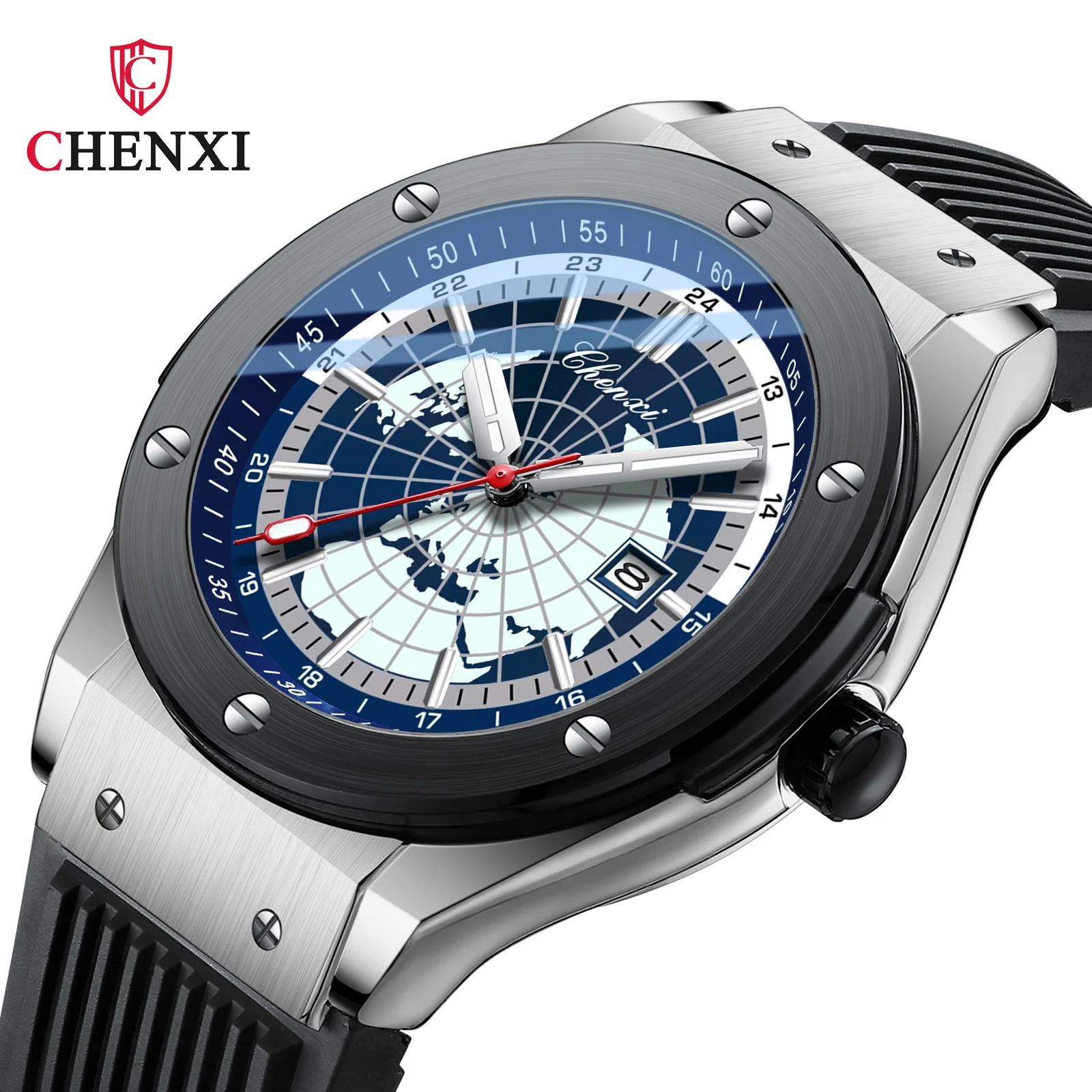 CHENXI 82442 Men's Quartz Watch New Arrival Rivet Map Fashion Silicone Strap Calendar Nightlight Manufacturer Trend Wristwatch