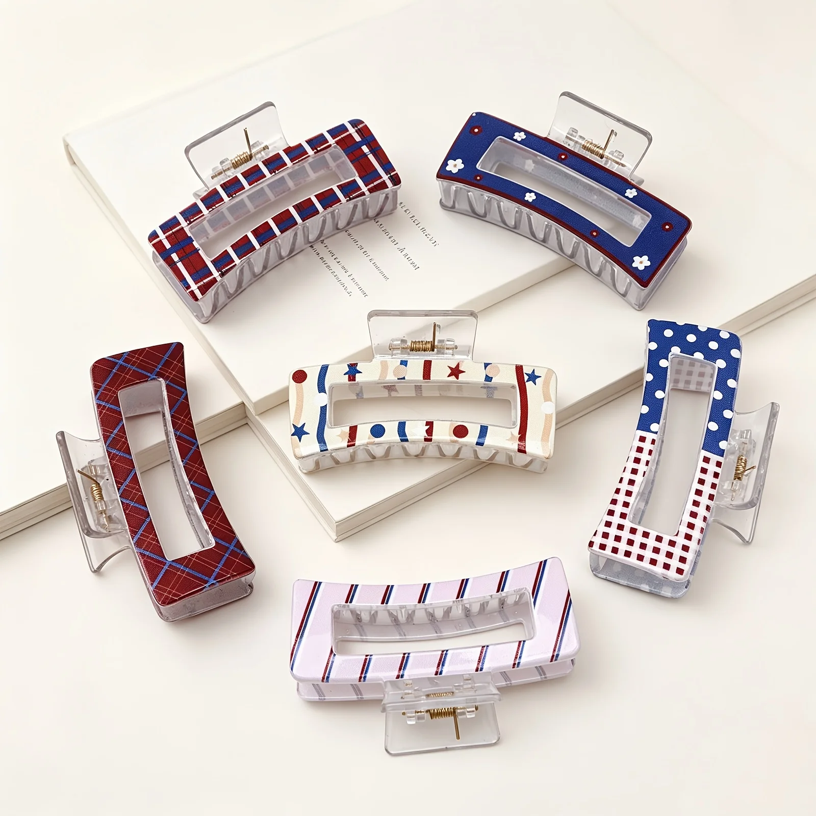 

3 packs of July 4th Independence Day women's hairpins, patriotic red, white and blue American flag theme large rectangular hollow acrylic hair claws, non-slip and strong clamping hairpins, suitable for thick and sparse hair