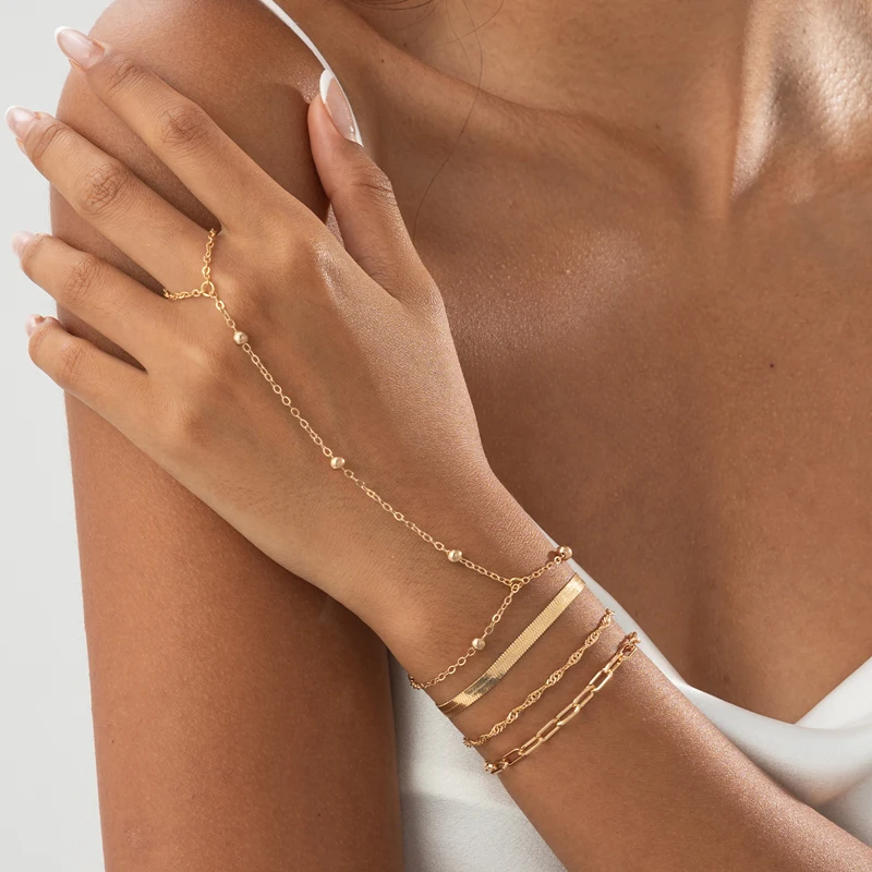 Inglés: elegante pulsera esclava de cadena en capas con anillo delicado joyería de cadena de mano de oro/plata para mujer fiesta uso diario