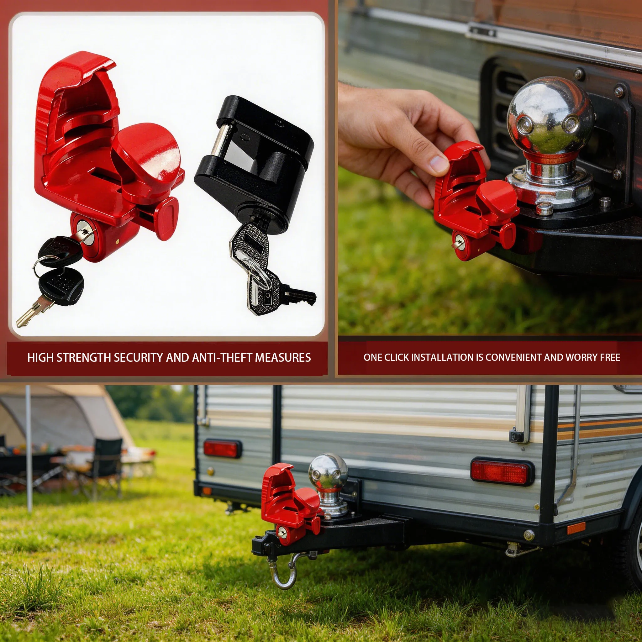 RV Supplies Trailer Hook Lock Black Red  with 1/4 Small   Suitable for Off-Road Vehicles Motorhome   Key  Rv Door