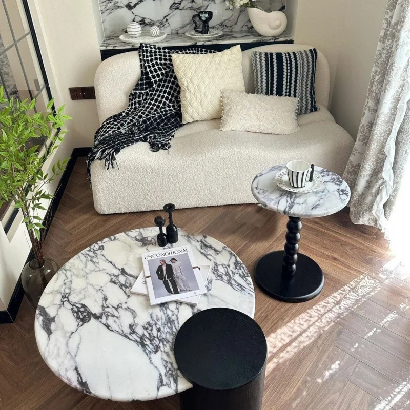 

French marble coffee table E0 solid wood paint-free household living room round light luxury coffee table 2025 rock slab coffee