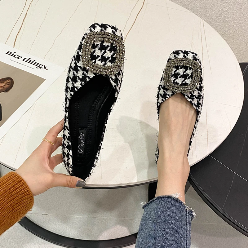 Women Flats Black Dressy Comfort Lady Casual Shoes Slip on No Lace Flat Heel Shoes for Girls Small Size 31 32 33 34 Houndstooth