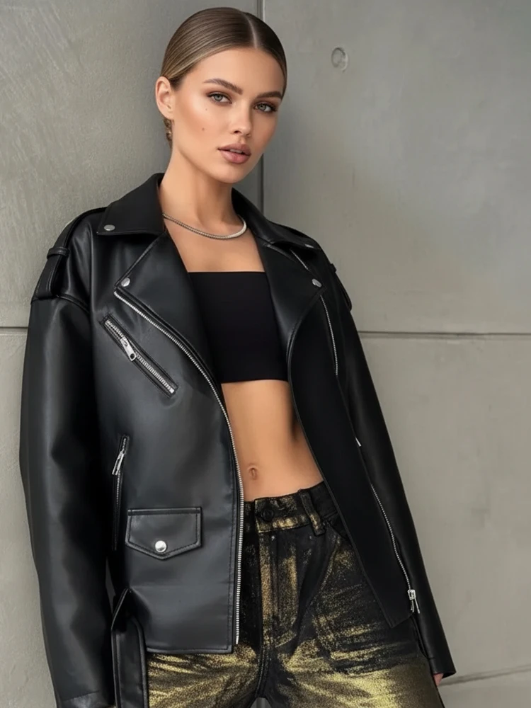 Women's Chic Black Glossy Loose Leather Jacket Elegant Lapel Full Sleeve Zipper Lace-up Crop Jackets 2026 Highstreet Outerwear