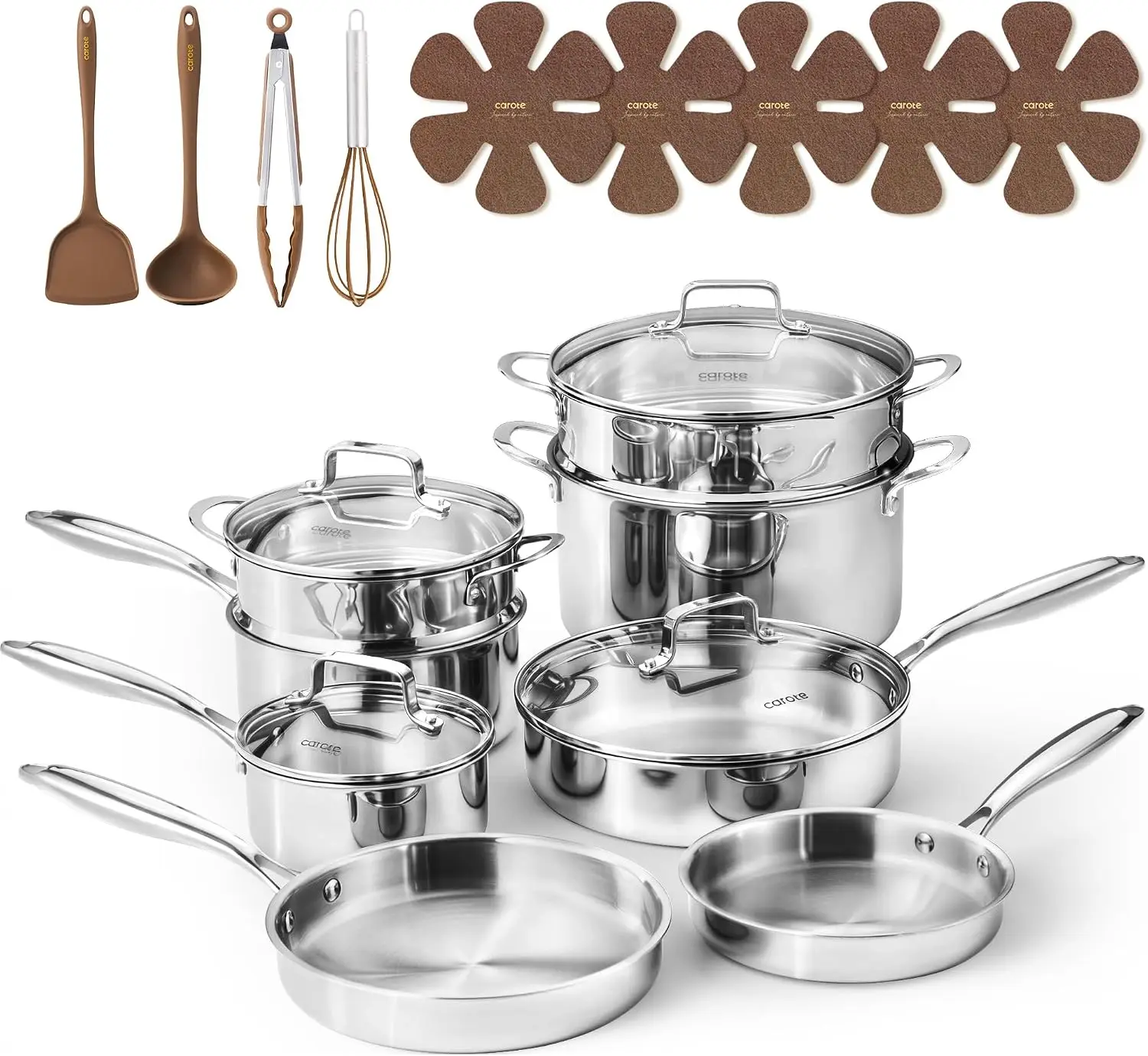 21-Piece Tri-Ply Stainless Steel Cookware Set Featuring Pots and Pans, Silver