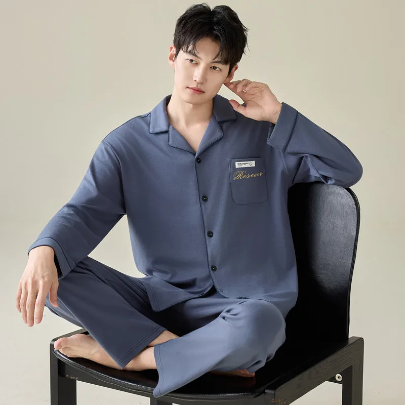 

100% Cotton Men's Cardigan Sleepwear Autumn Spring Long Sleeves Nightwear 2 Pieces Pajamas Set Male Plus Size 4XL 3XL Homewear