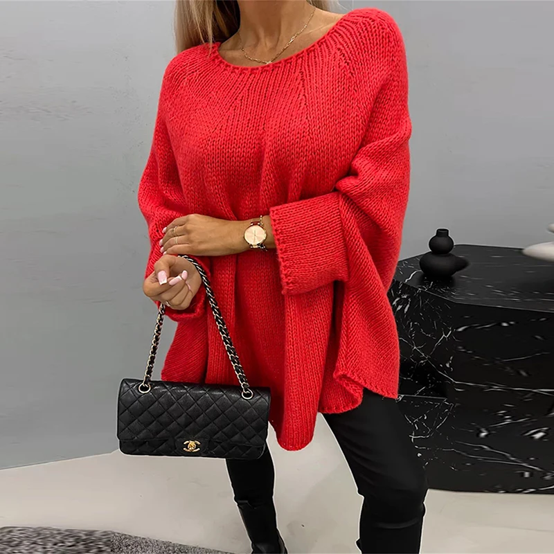 Knitted Women Solid Sweater Elegant Loose Batwing Sleeve Long Y2k Sweater 2024 Women Spring Warm Soft Pullover Fashon Streetwear