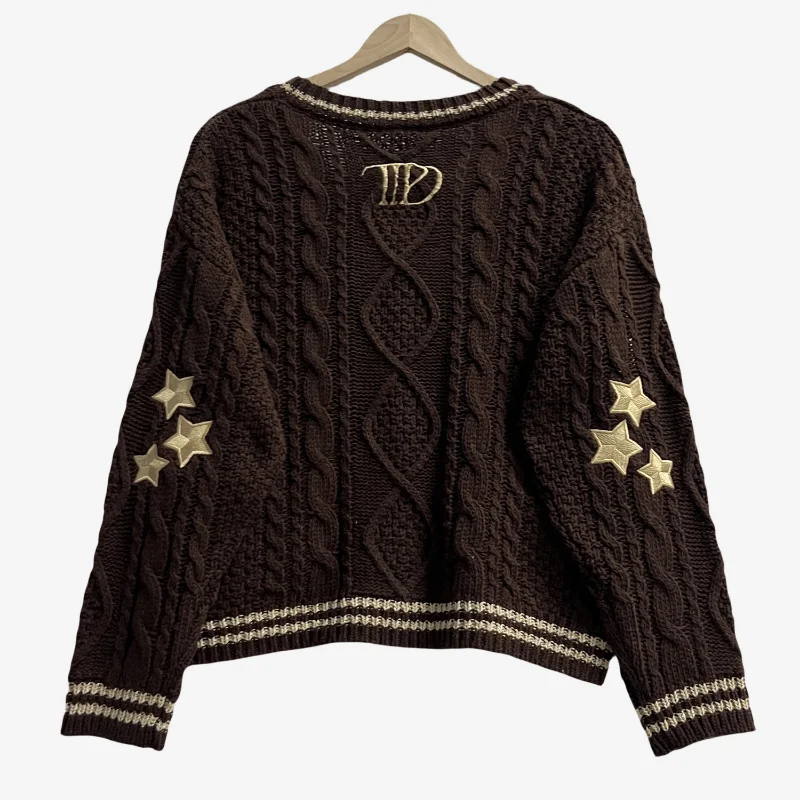 Dark Coffee Star Embroidered Cardigan for Women Autumn Winter Knitted Sweater Y2k Girl Fashion Vintage Cardigans Tops Knitwear