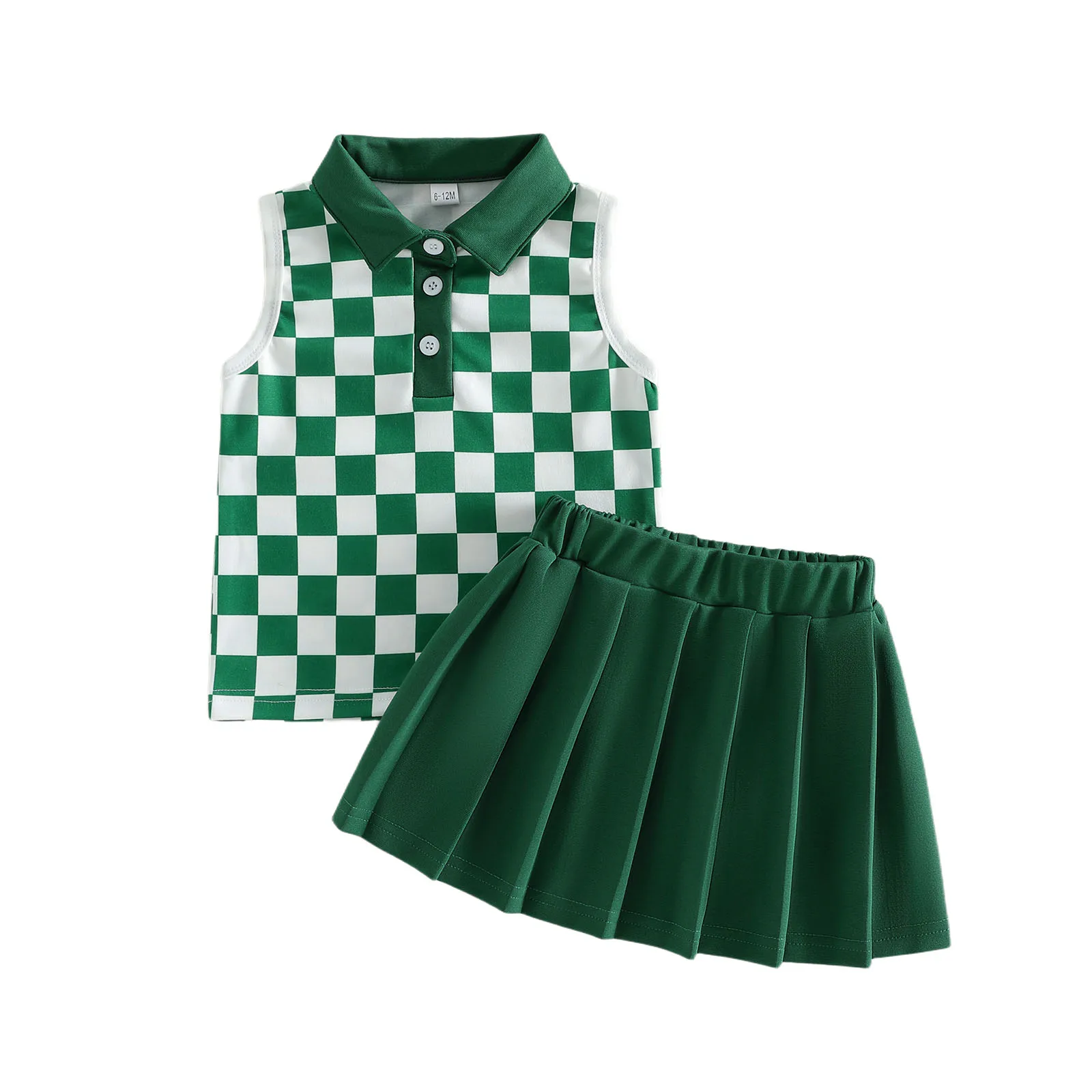 Toddler Girl Summer Outfits Checkerboard Print Sleeveless Lapel Tank Tops Pleated Skirt 2 Pcs Golf Set