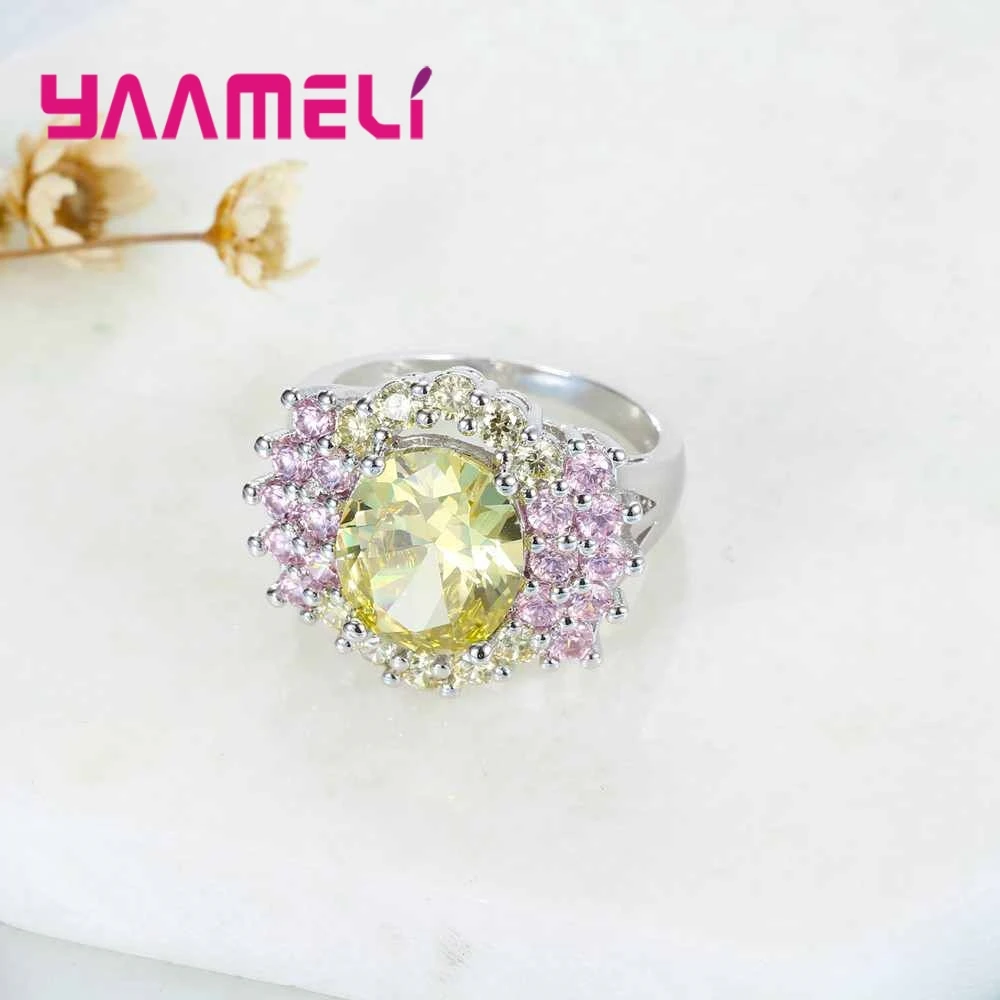 Brand Yellow Stone Decorated With Pink Crystal Cubic Zirconia 925 Sterling Silver Ring For Wedding Valentine\'s Day Gift