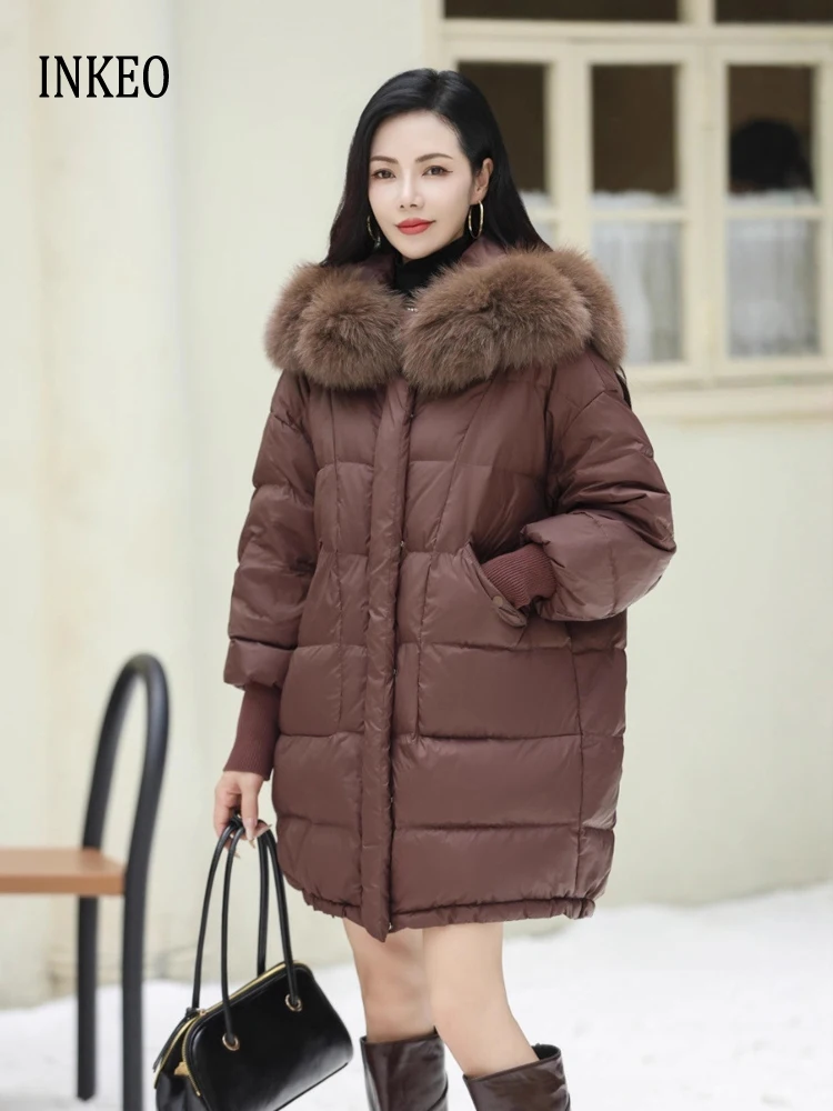 

Real fox fur collar down jacket women's 2026 Winter warm Mid-length puffer coat with hooded Oversize Outwear Luxury INKEO DJ632