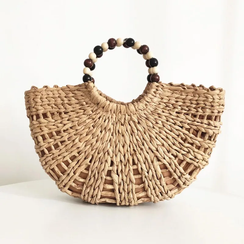 

Meet You Summer Women's New Wood Beaded Handle Straw Bag Hand-made Paper Woven Half Moon Handbag Casual Beach Shopping Tote