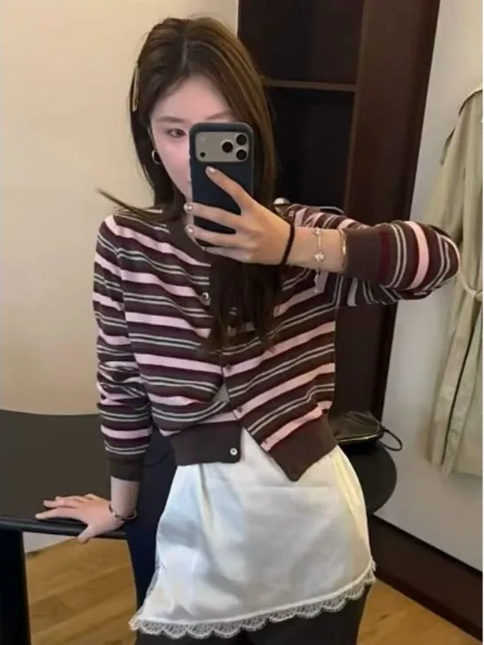 Chic Striped Knitted Open Cardigan Women's Fashionable Design Sensation Knitwear Outerwear Korean Style Regular Fit Medium So...