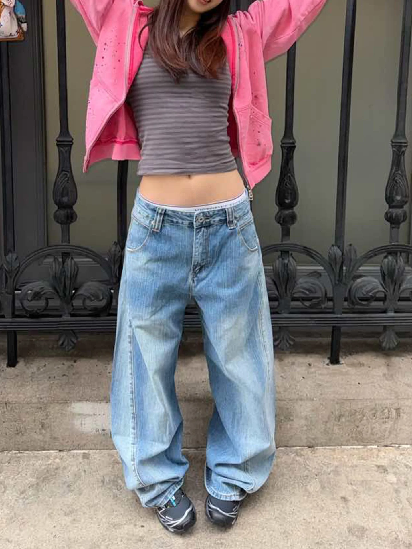 Retro American High Street Denim Jeans Women's Embroidered Slim Wide Leg Pants Vintage Washed Casual High Waist Jeans