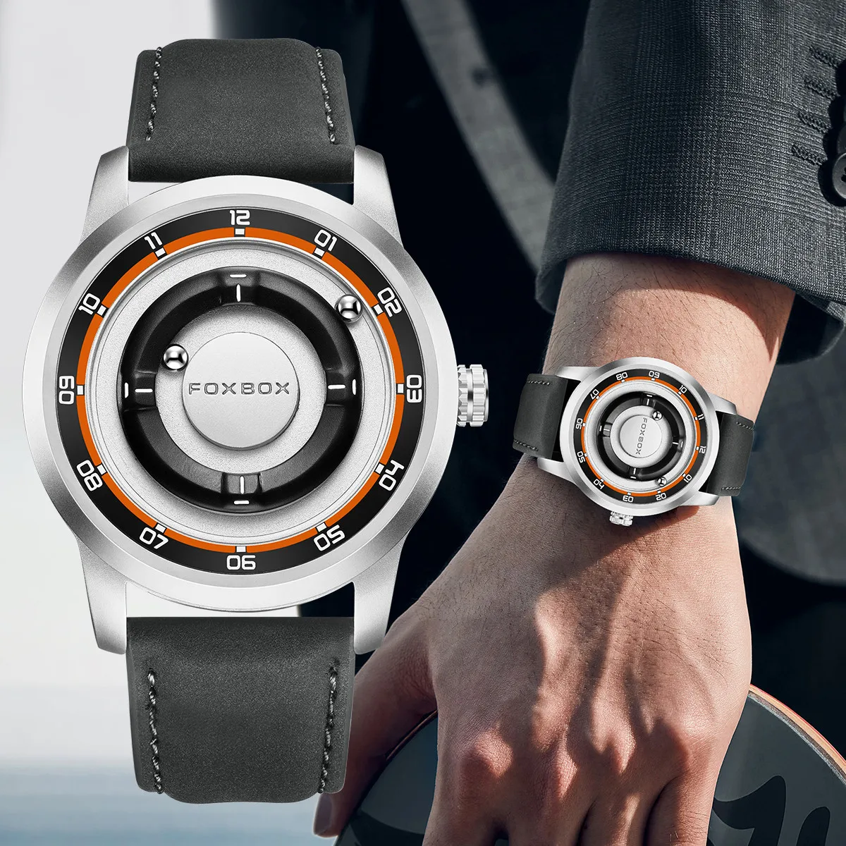 Picture 3: FOXBOX Magnetic Driven Watch Fashion Waterproof Quartz Wristwatch Rolling Steel Ball Pointer Sports Watches Military Clock+Box