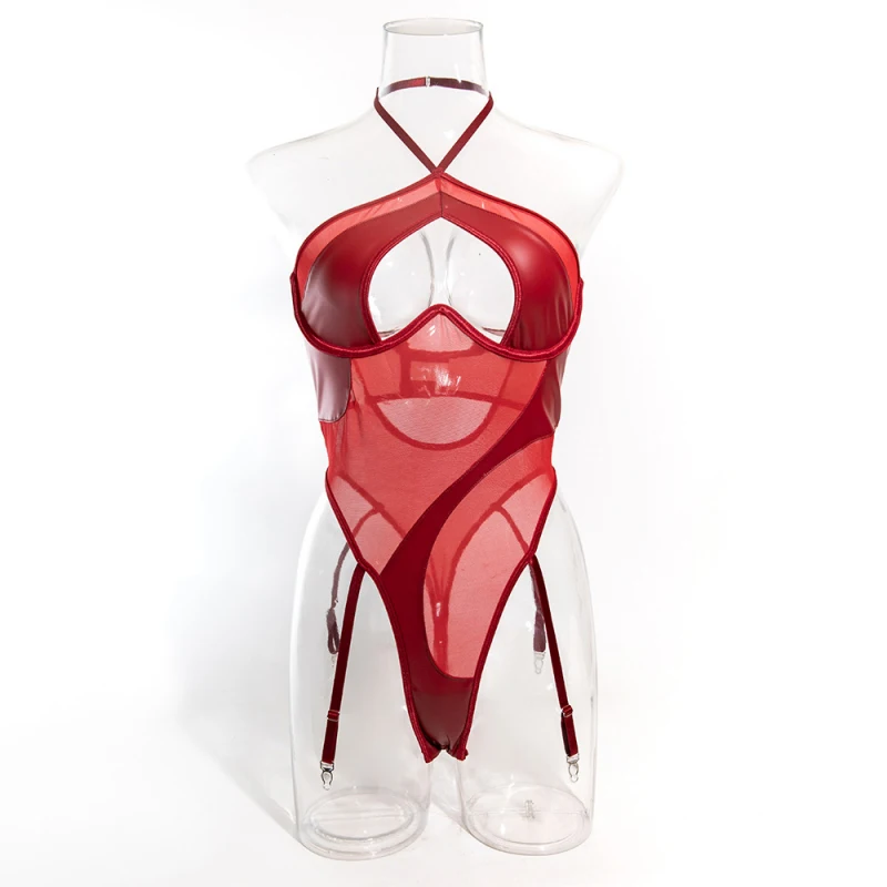Bikini meshPULeather-paneled see-through new halter-neck seductive swimsuit one-piece