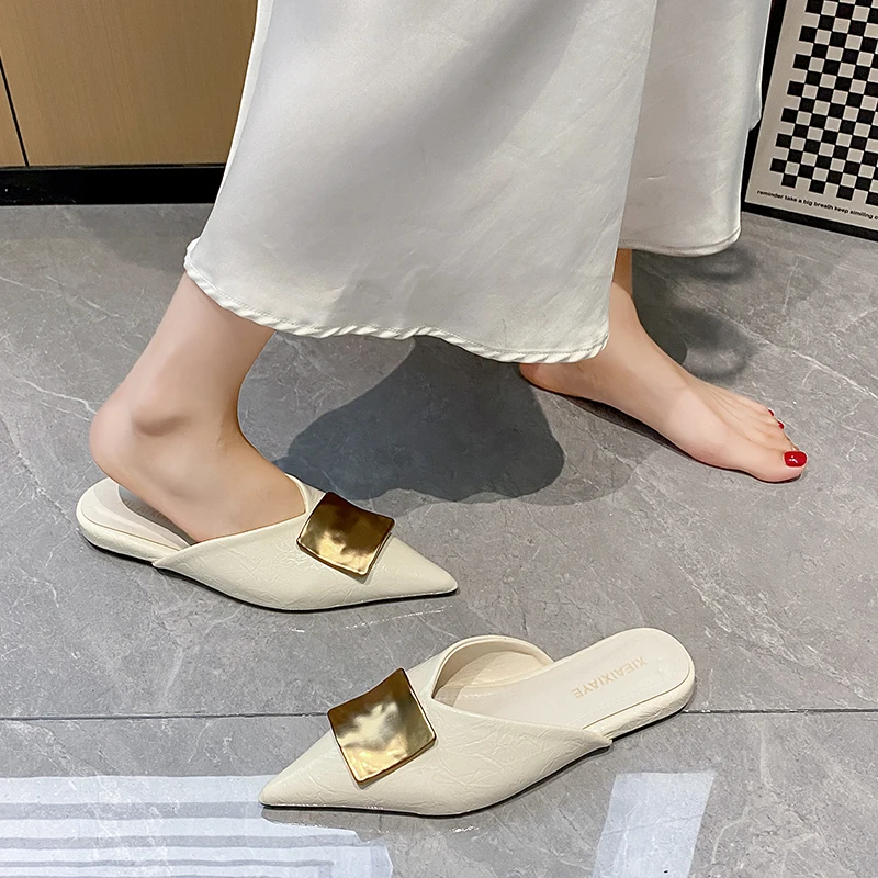 Metal Decoration Women Cover Toe Mules Slippers Slip On Flats Slide Ladies Elegant Spring Summer Slingbacks Party Dress Shoes image 3