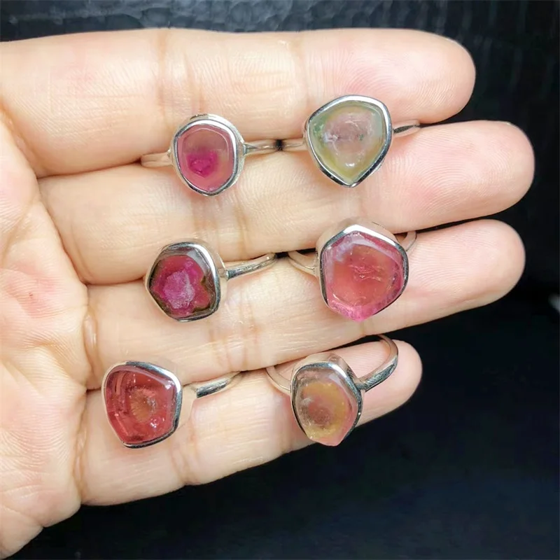 Natural Watermelon Tourmaline Rings Reiki Healing Adjustable Crystal Quartz Ring Party Gift for Women Fashion Jewelry 1pcs