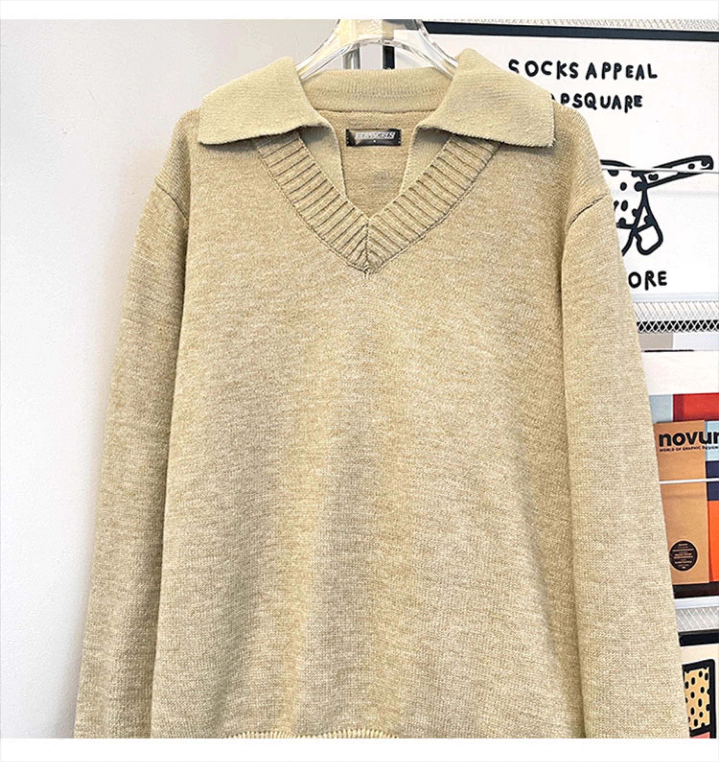 2025 Autumn Winter New American Retro Men's Gray Apricot Fake Two-Piece V-Neck Turn-Down Collar Long Sleeve Casual Knit Sweater