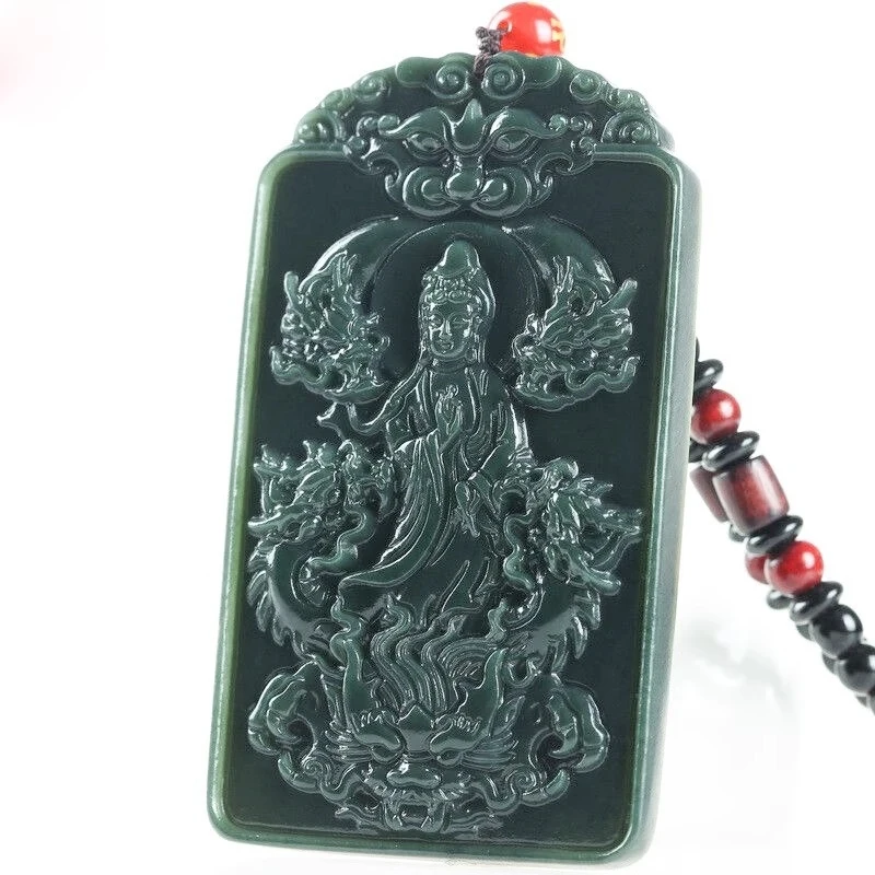 

Натуральный нефритовый кулон-подвеска из хотанского зеленого жадеита с изображением Бодхисаттвы Гуаньинь для мужчин