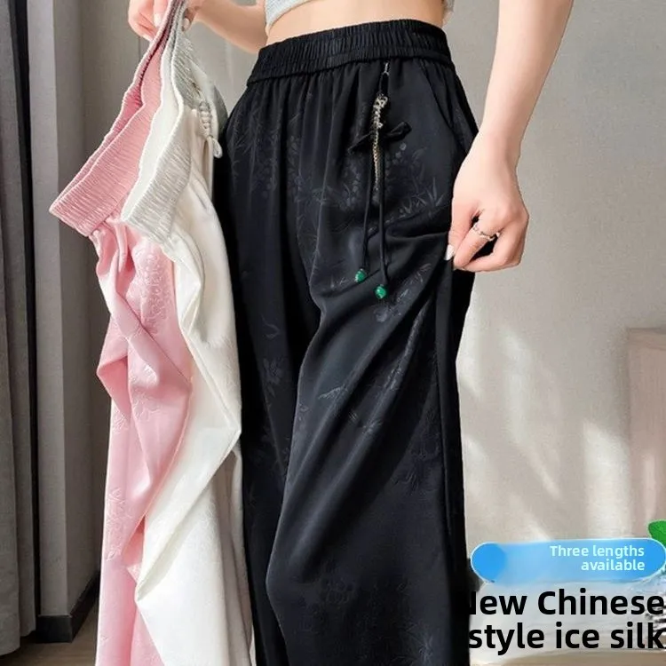 New Chinese Style High Waist Draped Thin Wide Leg Pants Summer Season Ice Silk Tassel Trimmed Floral Embroidery Satin Pants