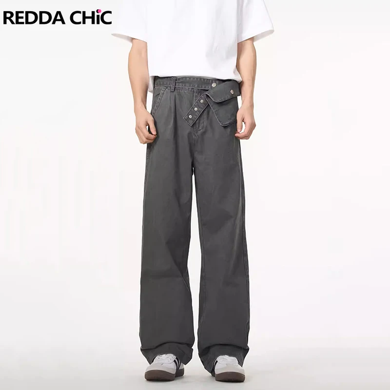 

REDDACHIC Detachable Waist Pouch Men's Baggy Jeans 90s Retro Grey Belted Cargo Pants Loose Casual Wide Leg Trousers Streetwear