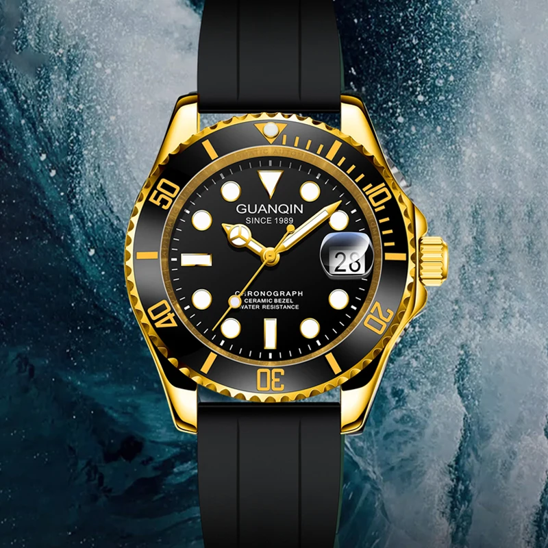

GUANQIN автоматические механические часы для мужчин с сапфировым стеклом силиконовый ремешок календарь для отдыха 100 м водонепроницаемые светящиеся часы