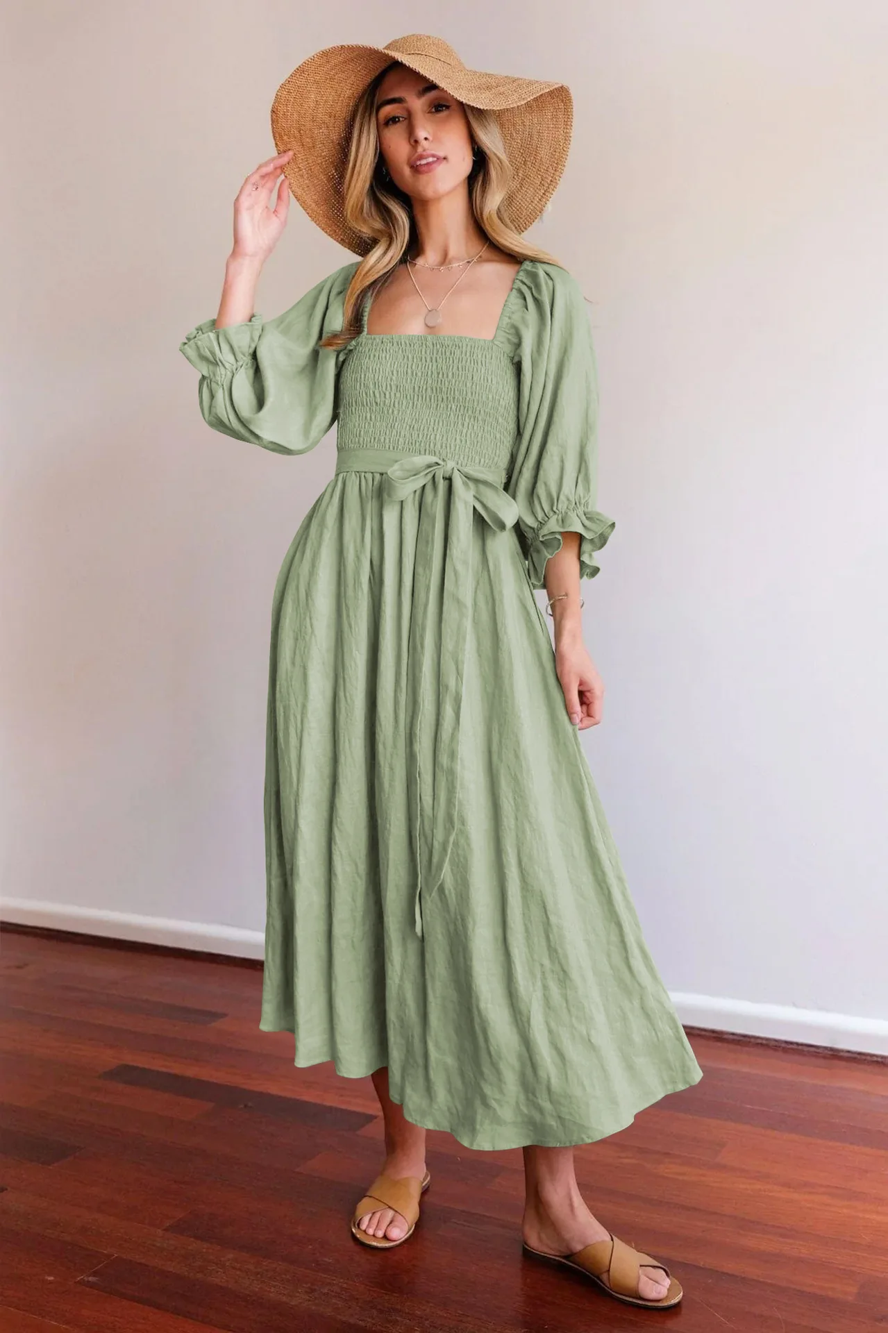 

High Quaility Autumn Dress Tied Belt Ruffles Lantern Sleeve Dress Multi Dressed Elegant Women Dress