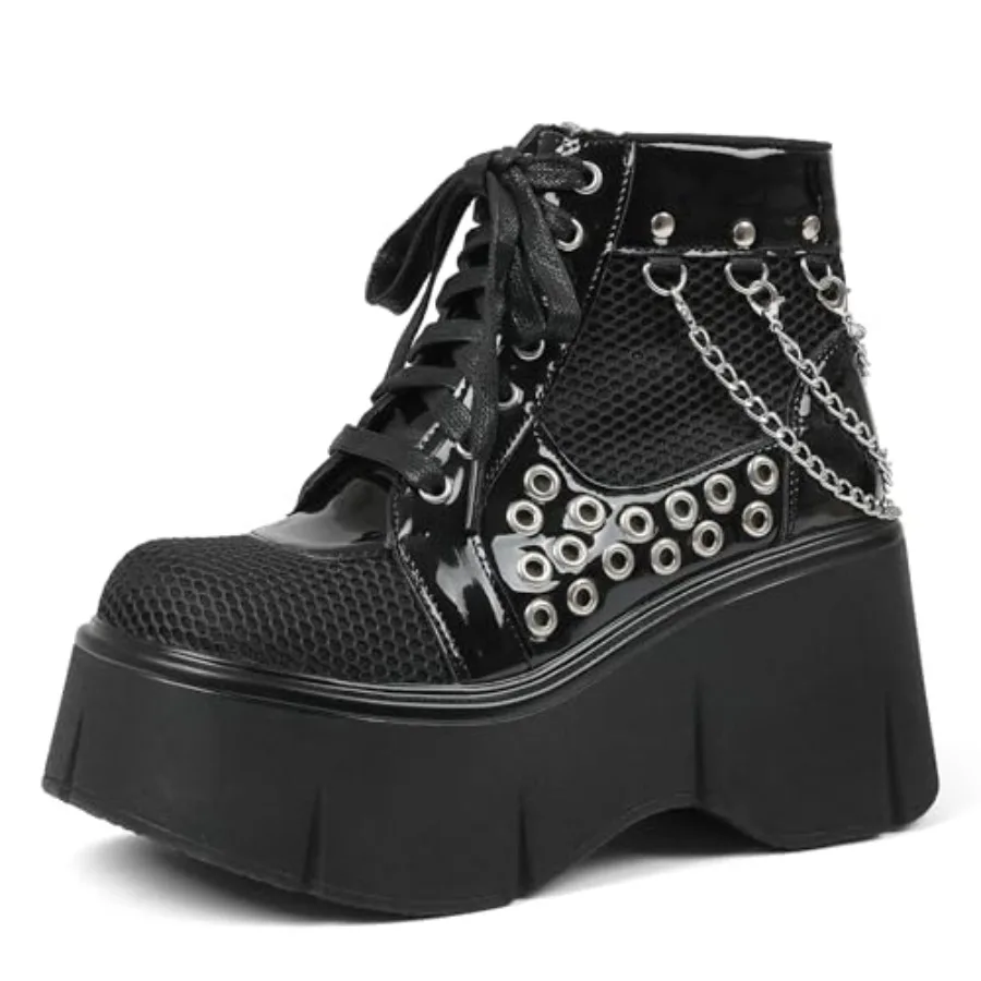 

Women's Black Platform Boots Wedge Goth Round Toe Lace Up Chain Mesh Punk Combat Ankle Booties