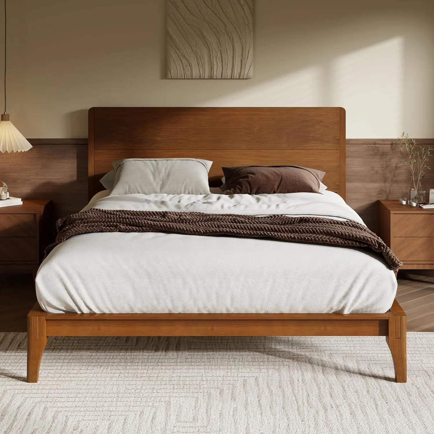 Queen Size Bamboo Platform Bed, Mid-Century Modern Bed Frame with Tall Headboard, Solid Sustainable Bedframe Queen-size, Wood Sl