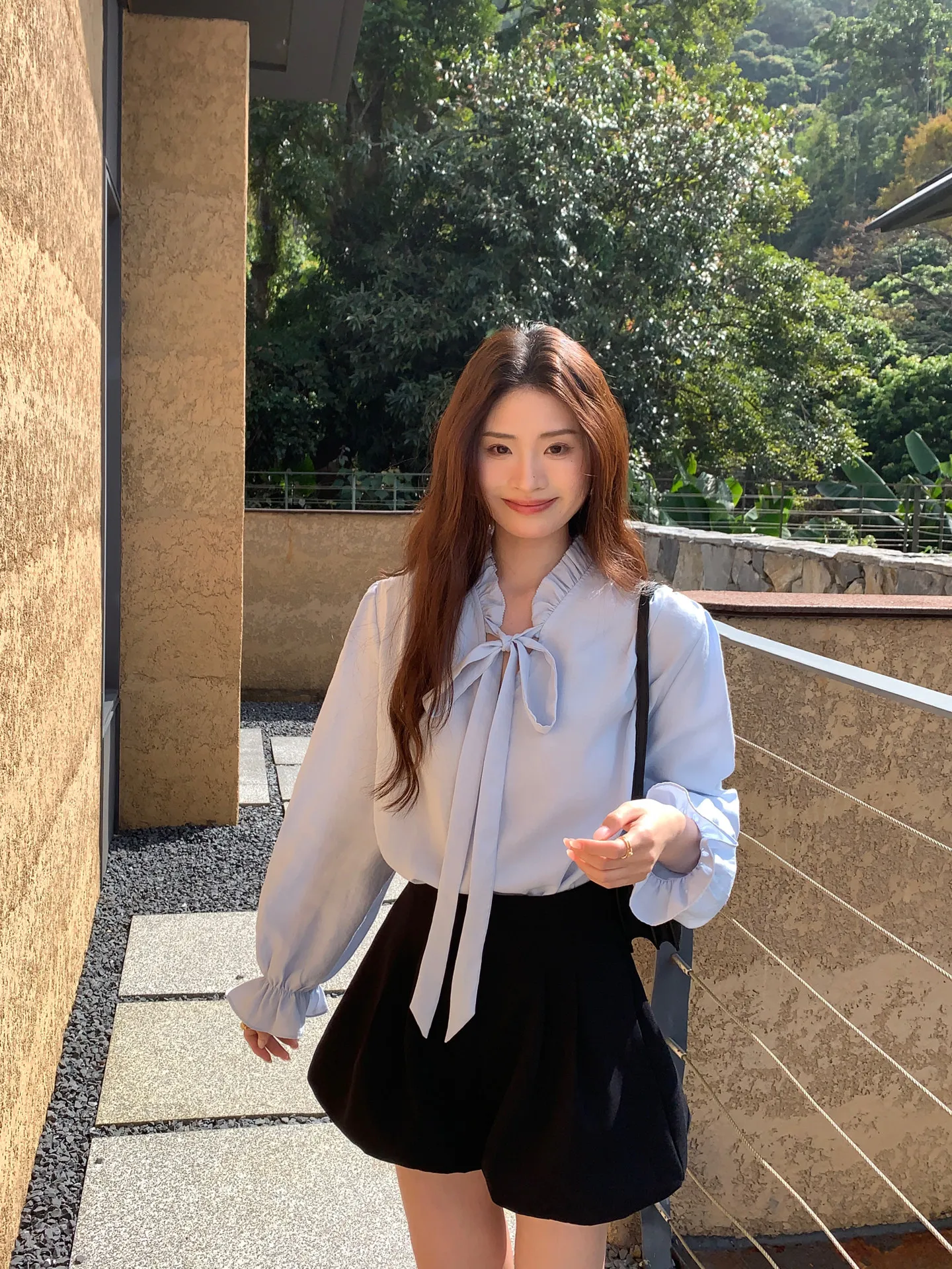 【WENRAN】Women's Light Blue Shirt Ruffle Trim Tie Neck Loose Stylish Blouse Summer Daily Wear view 4