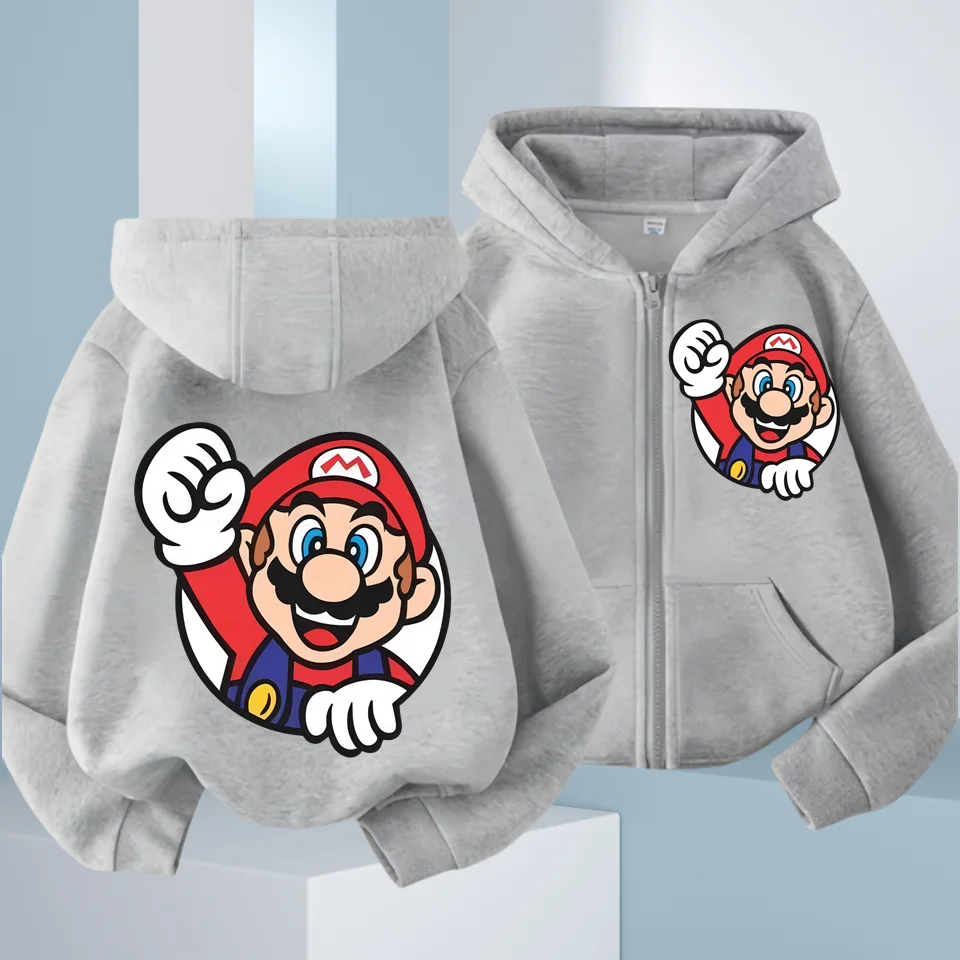 Marios Kids Zip Up Hoodie, Front & Back Print Mario Luigi Yoshi Peach Graphic Jacket, Boys Girls Casual Hooded Coat