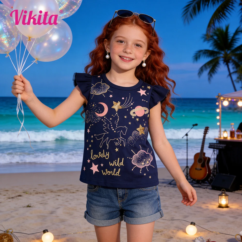 VIKITA Kleinkinder Mädchen Tops T-Shirts Kinder Glitzersterne Einhorn Sternenpailletten Applizierte Mode Marineblau Baumwolle Casual T-Shirt