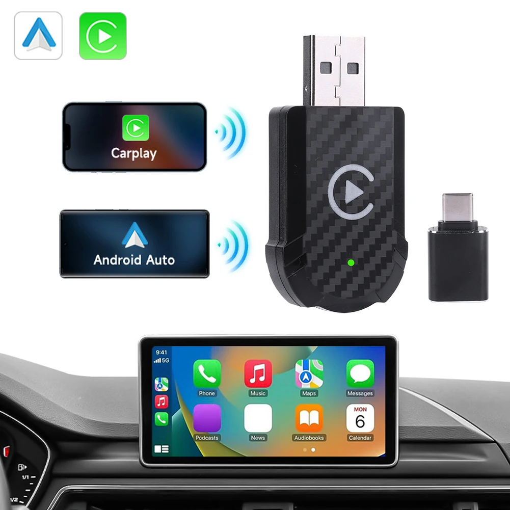 Mini scatola intelligente Carplay e Android Auto cablata a wireless USB Plug and Play Aggiornamento online OTA per auto Android CarPlay cablate