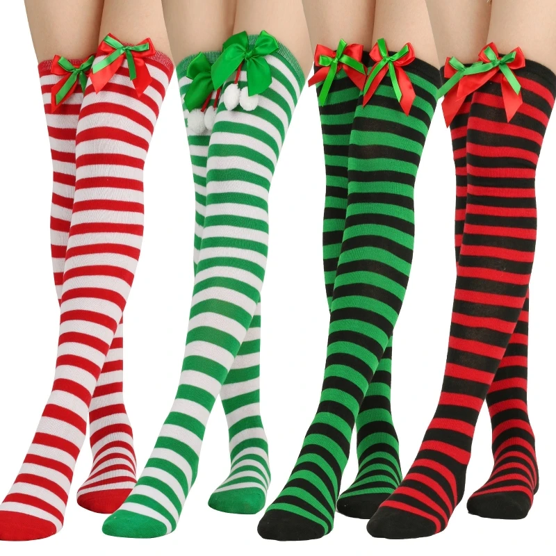 Christmas Green Red Stocking Striped Over The Knee Bowknot Long Socks F3MD