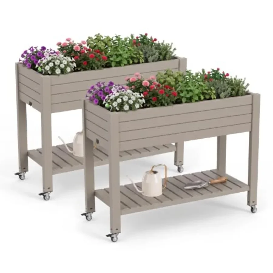 2 Outdoor Patio Raised Garden Bed Elevated Planter Box Resin Plant Stand Gardening with Storage Shelf Legs Wheels Drainage Wate
